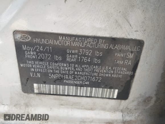 ✅ 2012 Hyundai Elantra GLS • VIN: 5NPDH4AE2CH071672 • Lot: 43459695. Listed on IAAI with 173,451 mi. Free auction sales archive from the USA and detailed vehicle history report at DreamBid. Image 9.