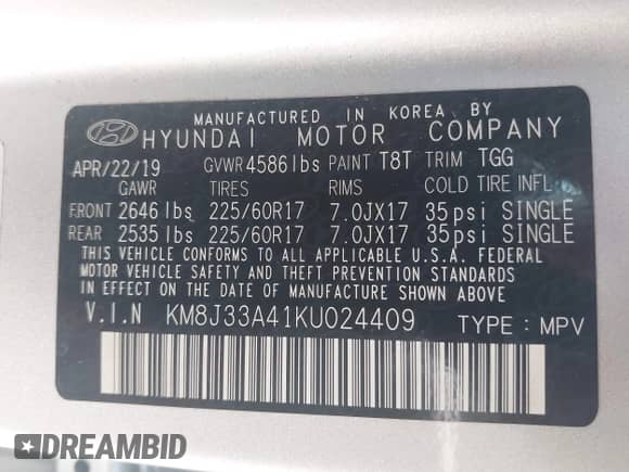 2019 Hyundai Tucson Value with VIN KM8J33A41KU024409, listed as a IAAI auction lot 42601659 with 40,747 mi miles and . Bid and sale history available at DreamBid. Image 9.