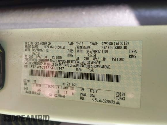 ✅ 2015 Ford F-150 XLT • VIN: 1FTEW1C88FKD03147 • Lot: 43603857. Listed on IAAI with 147,757 mi. Free auction sales archive from the USA and detailed vehicle history report at DreamBid. Image 9.