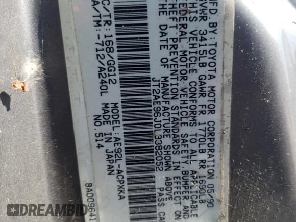 ✅ 1990 Toyota Corolla • VIN: JT2AE96J0L3382052 • Lot: 57894754. Listed on Copart with 90,550 mi. Free auction sales archive from the USA and detailed vehicle history report at DreamBid. Image 12.