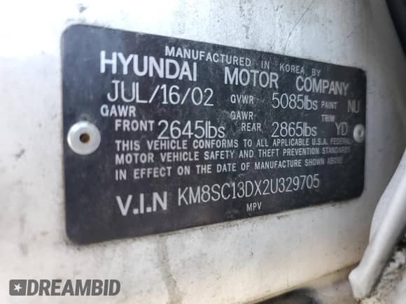 2002 Hyundai Santa Fe GLS с VIN KM8SC13DX2U329705, выставлен на аукционе Copart как лот 48986355 с пробегом 118 502 миль миль и Списание • Salvage title. История ставок и продаж доступна на DreamBid. Изображение 13.