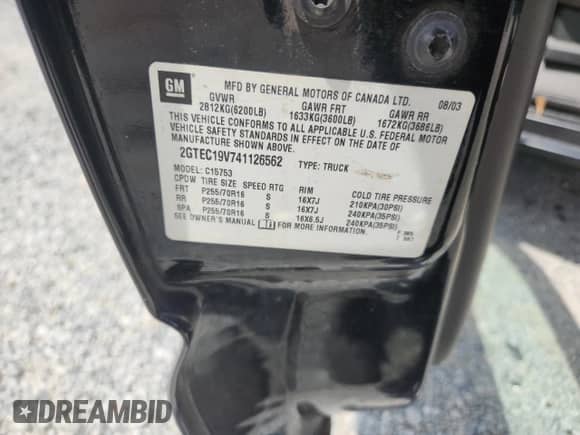 2004 GMC Sierra 1500 SLE with VIN 2GTEC19V741126562, listed as a Copart auction lot 64492065 with 351,273 mi miles and Salvage title. Bid and sale history available at DreamBid. Image 13.