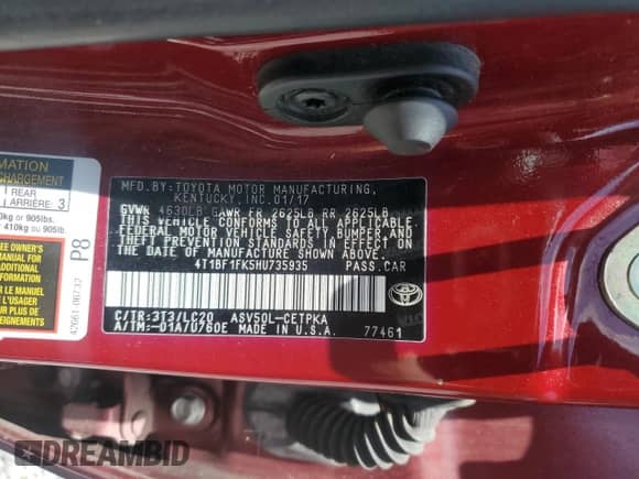 2017 Toyota Camry XLE with VIN 4T1BF1FK5HU735935, listed as a Copart auction lot 63689915 with 90,638 mi miles and Salvage title. Bid and sale history available at DreamBid. Image 12.