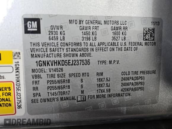 2014 Chevrolet Traverse LT with VIN 1GNKVHKD5EJ237536, listed as a Copart auction lot 85563445 with 133,719 mi miles and Clean title. Bid and sale history available at DreamBid. Image 13.