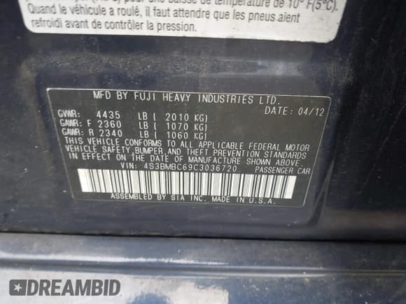 ✅ 2012 Subaru Legacy Premium • VIN: 4S3BMBC69C3036720 • Lot: 42475424. Listed on IAAI with 136,434 mi. Free auction sales archive from the USA and detailed vehicle history report at DreamBid. Image 9.