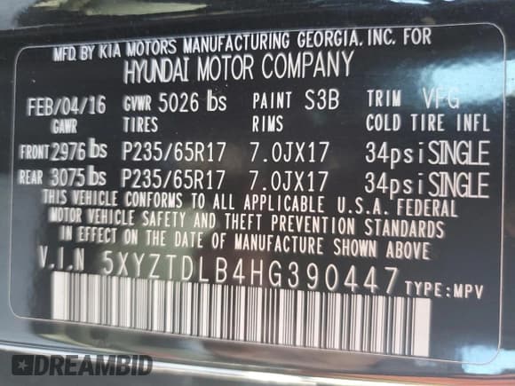 ✅ 2017 Hyundai Santa Fe 2.4L • VIN: 5XYZTDLB4HG390447 • Лот: 87127465. Опубликован ранее на Copart с пробегом 150 668 миль. Бесплатный доступ к архиву аукционных продаж из США и подробный отчёт об истории автомобиля на DreamBid. Изображение 13.