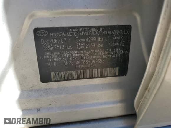 2008 Hyundai Sonata GLS с VIN 5NPET46C68H399355, выставлен на аукционе Copart как лот 73107664 с пробегом 171 434 миль миль и Списание • Salvage title. История ставок и продаж доступна на DreamBid. Изображение 13.