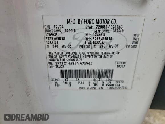 ✅ 2005 Ford F-150 XLT • VIN: 1FTPX14585NA75965 • Lot: 93951935. Listed on Copart with 192,650 mi. Free auction sales archive from the USA and detailed vehicle history report at DreamBid. Image 12.