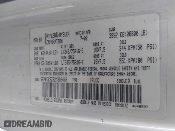 ✅ 2002 Dodge 2500 • VIN: 3B7KC23Z82M306403 • Лот: 42416025. Опубликован ранее на IAAI с пробегом 362 703 миль. Бесплатный доступ к архиву аукционных продаж из США и подробный отчёт об истории автомобиля на DreamBid. Изображение 9.