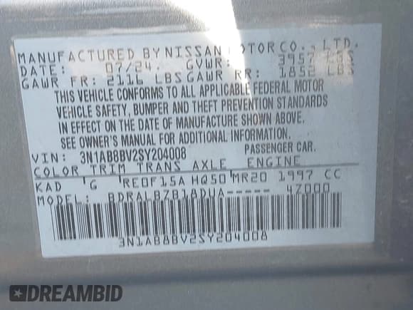 ✅ 2025 Nissan Sentra S • VIN: 3N1AB8BV2SY204008 • Lot: 43460661. Listed on IAAI with 14,169 mi. Free auction sales archive from the USA and detailed vehicle history report at DreamBid. Image 9.