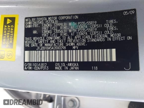 ✅ 2010 Lexus RX 450h • VIN: JTJZB1BA5A2000298 • Lot: 42241933. Listed on IAAI with 164,476 mi. Free auction sales archive from the USA and detailed vehicle history report at DreamBid. Image 9.