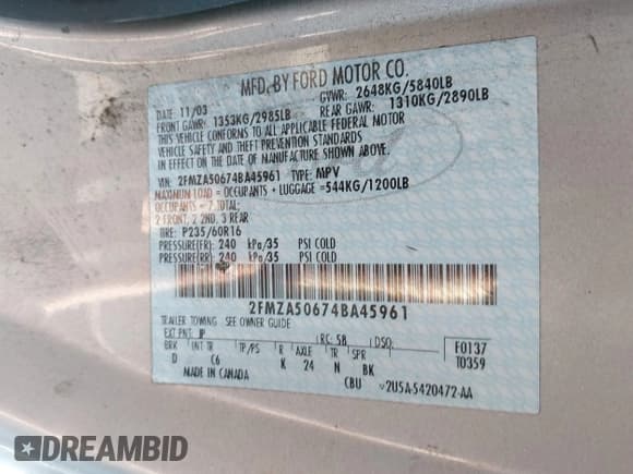 ✅ 2004 Ford Freestar S • VIN: 2FMZA50674BA45961 • Lot: 43153391. Wystawiony na IAAI z przebiegiem 156 248 mil. Bezpłatny archiwum sprzedaży aukcyjnych z USA i szczegółowy raport historii pojazdu na DreamBid. Zdjęcie 9.