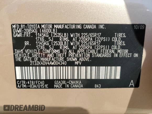 ✅ 2010 Toyota RAV4 • VIN: 2T3ZK4DV4AW004340 • Лот: 75643394. Опубликован ранее на Copart с пробегом 170 956 миль. Бесплатный доступ к архиву аукционных продаж из США и подробный отчёт об истории автомобиля на DreamBid. Изображение 15.