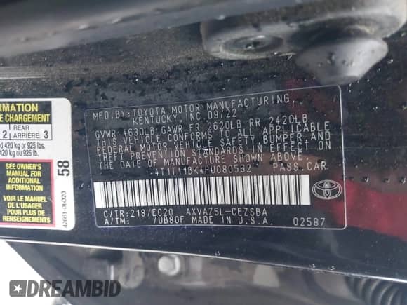 2023 Toyota Camry SE with VIN 4T1T11BK4PU080562, listed as a IAAI auction lot 42394695 with 37,299 mi miles and . Bid and sale history available at DreamBid. Image 9.