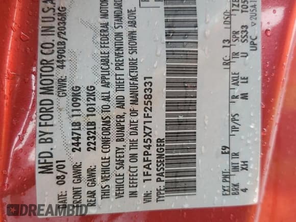 ✅ 2001 Ford Mustang GT Deluxe • VIN: 1FAFP45X71F258331 • Lot: 49202495. Listed on Copart with 136,968 mi. Free auction sales archive from the USA and detailed vehicle history report at DreamBid. Image 12.