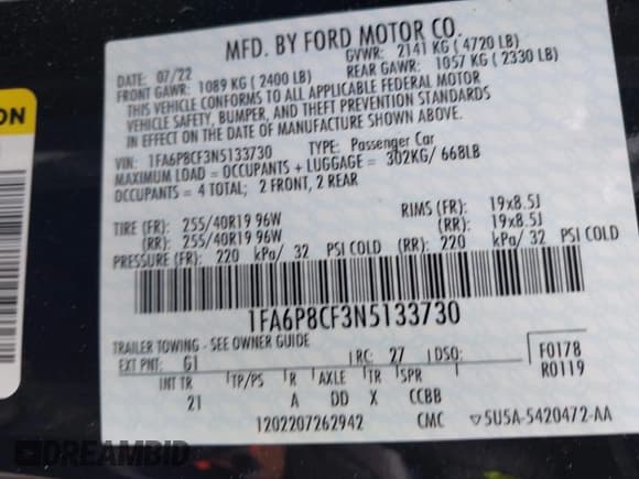 ✅ 2022 Ford Mustang GT • VIN: 1FA6P8CF3N5133730 • Lot: 42150173. Listed on IAAI with 43,233 mi. Free auction sales archive from the USA and detailed vehicle history report at DreamBid. Image 9.