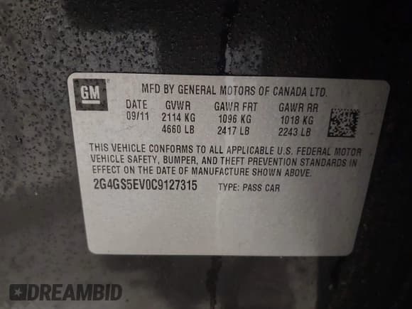 ✅ 2012 Buick Regal Turbo Premium 1 • VIN: 2G4GS5EV0C9127315 • Lot: 43894088. Listed on IAAI with 147,828 mi. Free auction sales archive from the USA and detailed vehicle history report at DreamBid. Image 9.