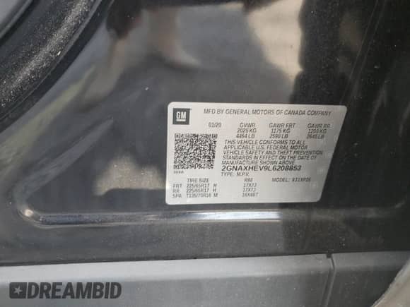 2020 Chevrolet Equinox LS z VIN 2GNAXHEV9L6208853, wystawiony jako Copart lot #81684515 z przebiegiem 161 761 mil mil oraz Szkoda całkowita • Salvage title. Historia ofert i sprzedaży dostępna na DreamBid. Obrazek 13.