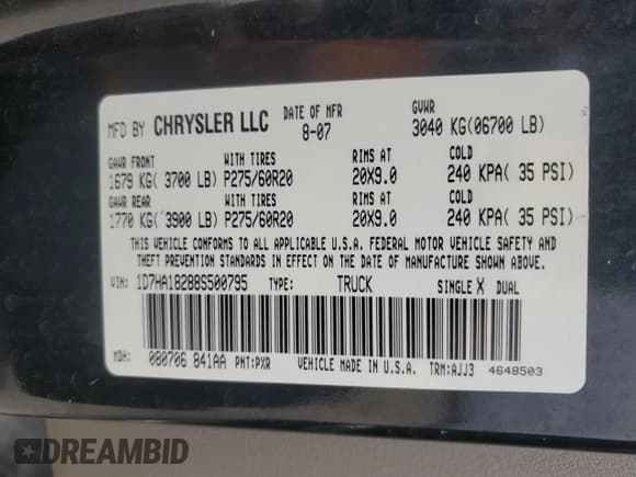 ✅ 2008 Dodge 1500 Laramie • VIN: 1D7HA18288S500795 • Lot: 88369025. Wystawiony na Copart z przebiegiem 171 730 mil. Bezpłatny archiwum sprzedaży aukcyjnych z USA i szczegółowy raport historii pojazdu na DreamBid. Zdjęcie 12.