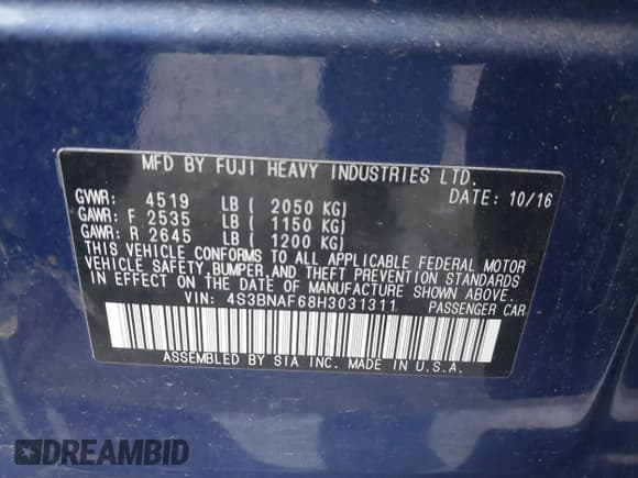 ✅ 2017 Subaru Legacy Premium • VIN: 4S3BNAF68H3031311 • Lot: 42311642. Listed on IAAI with 80,207 mi. Free auction sales archive from the USA and detailed vehicle history report at DreamBid. Image 9.