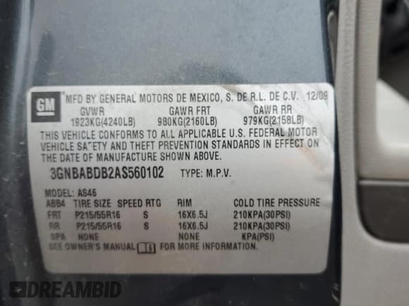 ✅ 2010 Chevrolet HHR 1LT • VIN: 3GNBABDB2AS560102 • Lot: 43968645. Listed on Copart with 146,536 mi. Free auction sales archive from the USA and detailed vehicle history report at DreamBid. Image 12.
