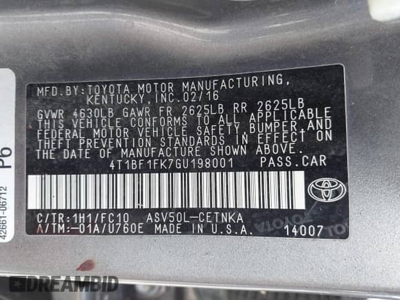 2016 Toyota Camry SE с VIN 4T1BF1FK7GU198001, выставлен на аукционе IAAI как лот 43034864 с пробегом Не указан миль и . История ставок и продаж доступна на DreamBid. Изображение 9.