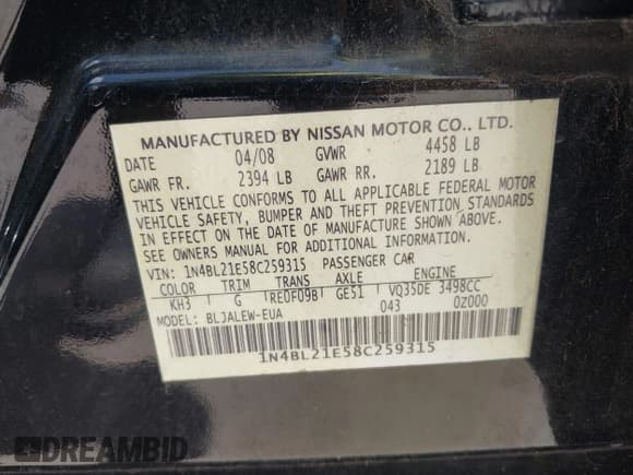 ✅ 2008 Nissan Altima SL • VIN: 1N4BL21E58C259315 • Лот: 42568830. Опубликован ранее на IAAI с пробегом 95 203 миль. Бесплатный доступ к архиву аукционных продаж из США и подробный отчёт об истории автомобиля на DreamBid. Изображение 9.