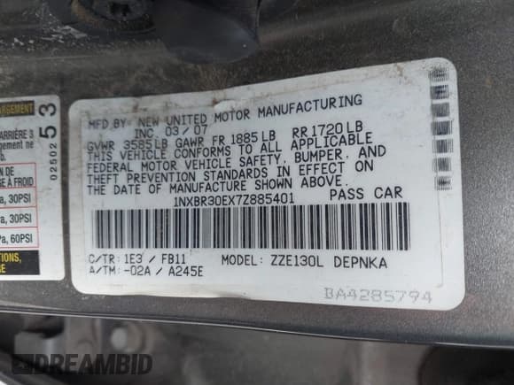 ✅ 2007 Toyota Corolla LE • VIN: 1NXBR30EX7Z885401 • Лот: 43741126. Опубликован ранее на IAAI с пробегом 81 202 миль. Бесплатный доступ к архиву аукционных продаж из США и подробный отчёт об истории автомобиля на DreamBid. Изображение 9.