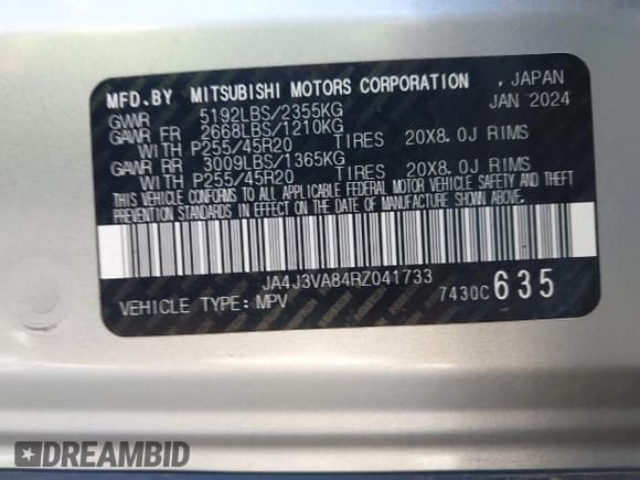 ✅ 2024 Mitsubishi Outlander SE • VIN: JA4J3VA84RZ041733 • Lot: 43066074. Listed on IAAI with 46,162 mi. Free auction sales archive from the USA and detailed vehicle history report at DreamBid. Image 9.