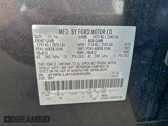 ✅ 2016 Ford Edge SEL • VIN: 2FMPK3J81GBB95299 • Lot: 95042355. Wystawiony na Copart z przebiegiem 73 994 mil. Bezpłatny archiwum sprzedaży aukcyjnych z USA i szczegółowy raport historii pojazdu na DreamBid. Zdjęcie 10.