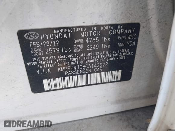 ✅ 2012 Hyundai Azera • VIN: KMHFH4JG8CA142922 • Lot: 42619570. Listed on IAAI with 238,761 mi. Free auction sales archive from the USA and detailed vehicle history report at DreamBid. Image 9.