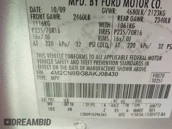 2010 Mercury Mariner with VIN 4M2CN9BG8AKJ08430, listed as a IAAI auction lot 42550706 with 169,069 mi miles and . Bid and sale history available at DreamBid. Image 9.