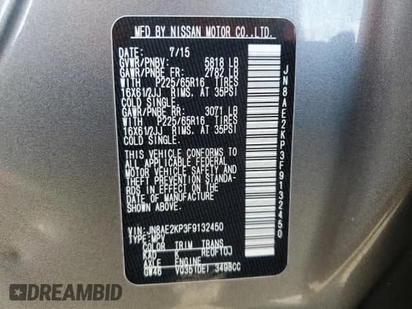 ✅ 2015 Nissan Quest S • VIN: JN8AE2KP3F9132450 • Lot: 71207475. Wystawiony na Copart z przebiegiem 110 667 mil. Bezpłatny archiwum sprzedaży aukcyjnych z USA i szczegółowy raport historii pojazdu na DreamBid. Zdjęcie 13.