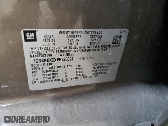 ✅ 2015 Chevrolet Suburban LTZ • VIN: 1GNSKKKCXFR723694 • Lot: 81478045. Listed on Copart with 218,436 mi. Free auction sales archive from the USA and detailed vehicle history report at DreamBid. Image 13.