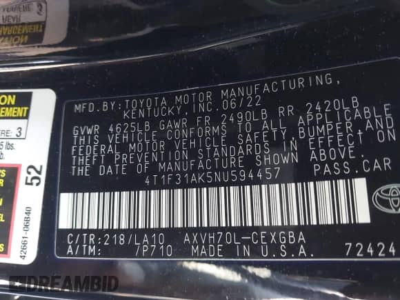 2022 Toyota Camry Hybrid XLE with VIN 4T1F31AK5NU594457, listed as a IAAI auction lot 41884438 with 69,767 mi miles and . Bid and sale history available at DreamBid. Image 9.