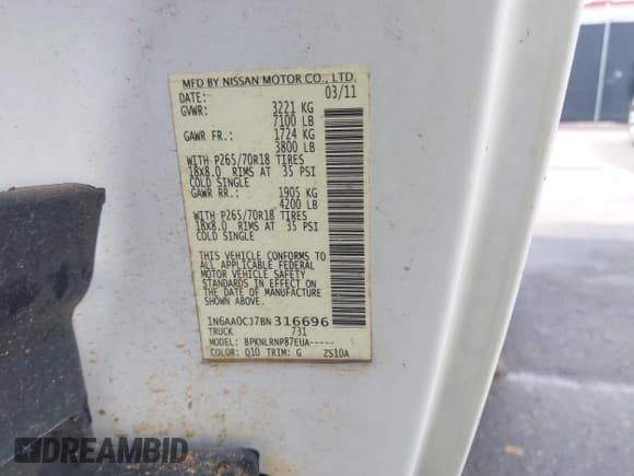 ✅ 2011 Nissan Titan S • VIN: 1N6AA0CJ7BN316696 • Lot: 42115819. Listed on IAAI with 247,063 mi. Free auction sales archive from the USA and detailed vehicle history report at DreamBid. Image 9.