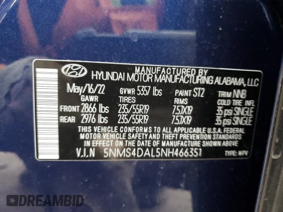 ✅ 2022 Hyundai Santa Fe Limited • VIN: 5NMS4DAL5NH466351 • Lot: 75391293. Wystawiony na Copart z przebiegiem 12 869 mil. Bezpłatny archiwum sprzedaży aukcyjnych z USA i szczegółowy raport historii pojazdu na DreamBid. Zdjęcie 12.