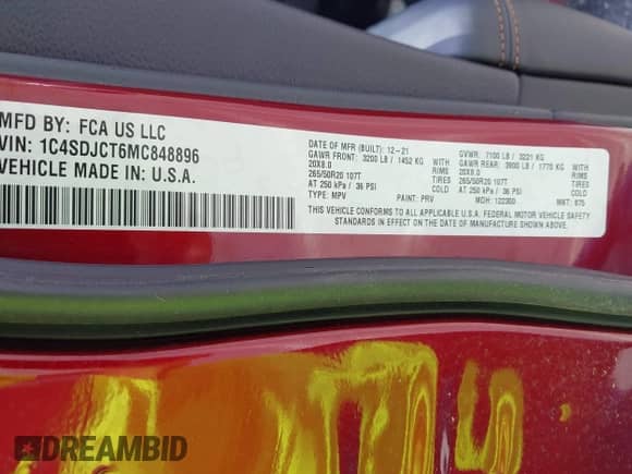 2021 Dodge Durango R/T with VIN 1C4SDJCT6MC848896, listed as a IAAI auction lot 41843255 with 59,234 mi miles and . Bid and sale history available at DreamBid. Image 9.