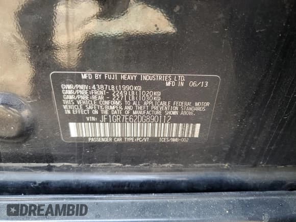 ✅ 2013 Subaru WRX WRX Premium • VIN: JF1GR7E62DG890112 • Lot: 55080855. Listed on Copart with 143,726 mi. Free auction sales archive from the USA and detailed vehicle history report at DreamBid. Image 13.