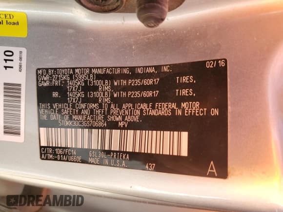 ✅ 2016 Toyota Sienna LE AAS • VIN: 5TDKK3DC3GS706864 • Lot: 51918525. Listed on Copart with 114,051 mi. Free auction sales archive from the USA and detailed vehicle history report at DreamBid. Image 13.