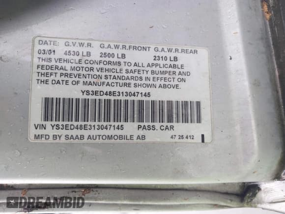 ✅ 2001 Saab 9-5 • VIN: YS3ED48E313047145 • Lot: 41725537. Wystawiony na IAAI z przebiegiem 137 708 mil. Bezpłatny archiwum sprzedaży aukcyjnych z USA i szczegółowy raport historii pojazdu na DreamBid. Zdjęcie 9.