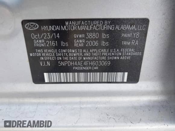 2015 Hyundai Elantra SE with VIN 5NPDH4AE4FH603069, listed as a IAAI auction lot 43320167 with 124,087 mi miles and . Bid and sale history available at DreamBid. Image 9.