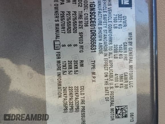 ✅ 2013 Chevrolet Tahoe LTZ • VIN: 1GNSCCE01DR365631 • Lot: 80849565. Listed on Copart with 260,352 mi. Free auction sales archive from the USA and detailed vehicle history report at DreamBid. Image 13.