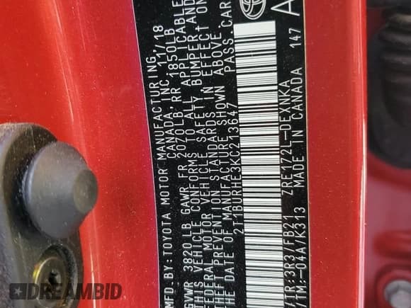 ✅ 2019 Toyota Corolla L • VIN: 2T1BURHE3KC213647 • Lot: 81004195. Listed on Copart with 97,848 mi. Free auction sales archive from the USA and detailed vehicle history report at DreamBid. Image 12.