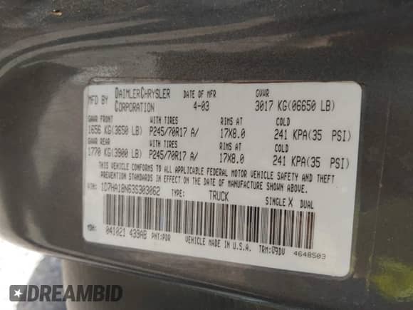 2003 Dodge 1500 ST z VIN 1D7HA18N63S303062, wystawiony jako IAAI lot #42756553 z przebiegiem 167 746 mil mil oraz . Historia ofert i sprzedaży dostępna na DreamBid. Obrazek 9.