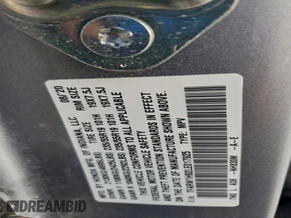 ✅ 2020 Honda CR-V Touring • VIN: 7FARW1H92LE017925 • Lot: 93729505. Listed on Copart with 58,772 mi. Free auction sales archive from the USA and detailed vehicle history report at DreamBid. Image 13.