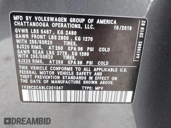 ✅ 2020 Volkswagen Atlas SE • VIN: 1V25C2CA9LC201247 • Lot: 41934348. Listed on IAAI with 79,857 mi. Free auction sales archive from the USA and detailed vehicle history report at DreamBid. Image 9.