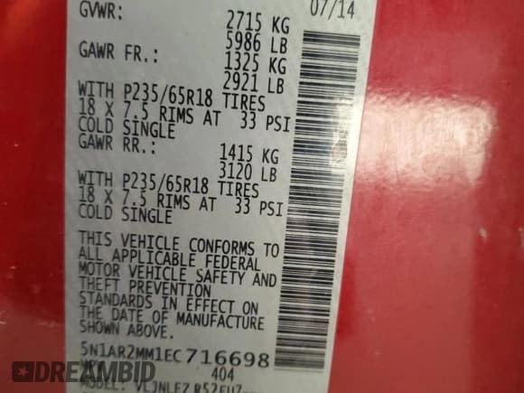 ✅ 2014 Nissan Pathfinder SV • VIN: 5N1AR2MM1EC716698 • Lot: 90437255. Listed on Copart with 121,889 mi. Free auction sales archive from the USA and detailed vehicle history report at DreamBid. Image 13.