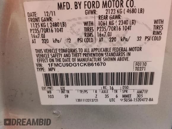 ✅ 2012 Ford Escape XLT • VIN: 1FMCU9DG1CKB61670 • Lot: 91955625. Wystawiony na Copart z przebiegiem 159 473 mil. Bezpłatny archiwum sprzedaży aukcyjnych z USA i szczegółowy raport historii pojazdu na DreamBid. Zdjęcie 13.