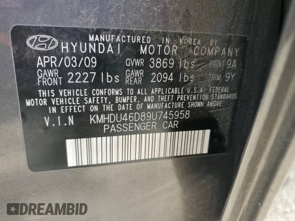 2009 Hyundai Elantra GLS с VIN KMHDU46D89U745958, выставлен на аукционе Copart как лот 70508584 с пробегом 120 376 миль миль и На запчасти • Non repairable. История ставок и продаж доступна на DreamBid. Изображение 12.
